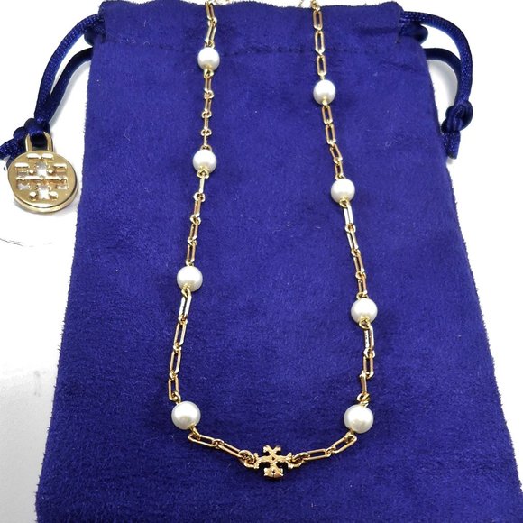 NWT Tory Burch Thin Roxanne Imitation Pearl Detailed 18K-plated Chain Necklace - Picture 5 of 11